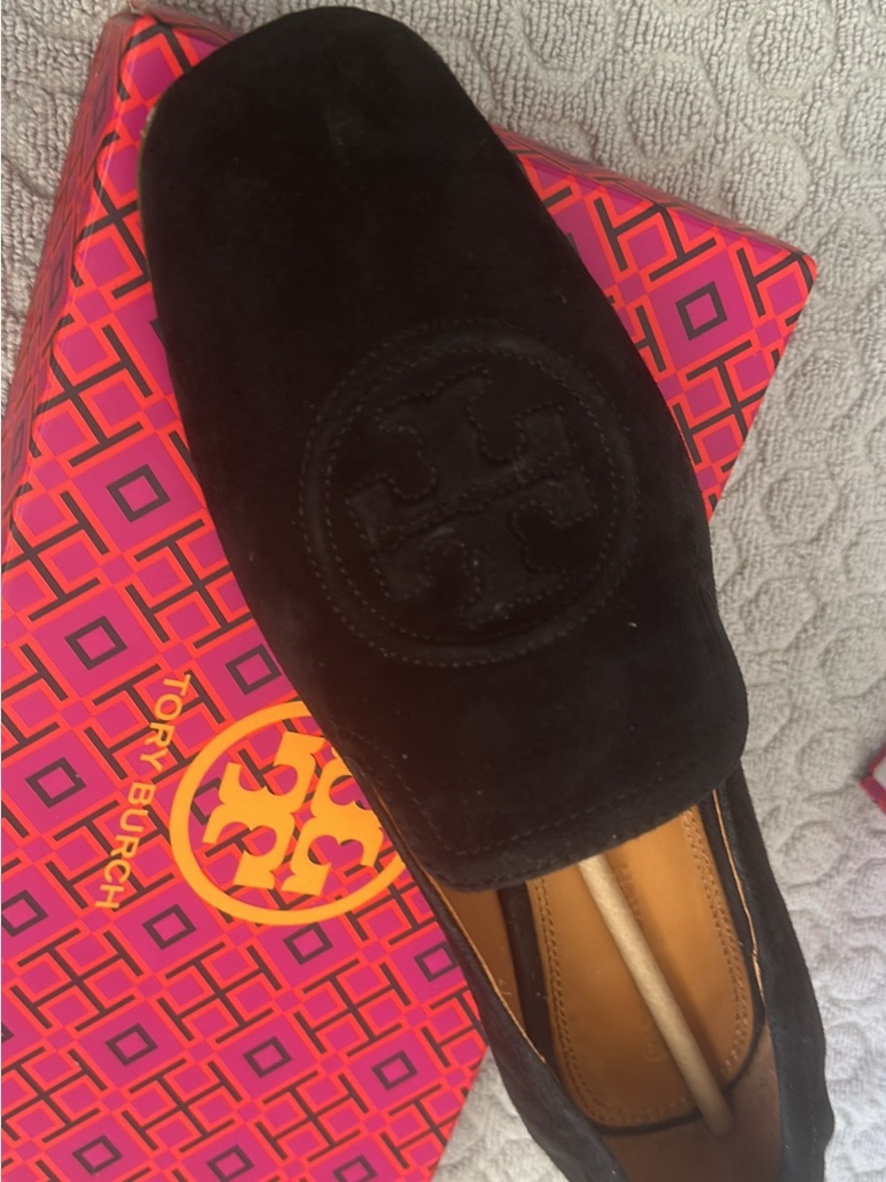 Tory Burch Black Suede Embossed Logo Loafer